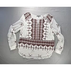 Matty M Southwestern Aztec Embroidered Roll Tab Sheer Shirt Women's Size Medium